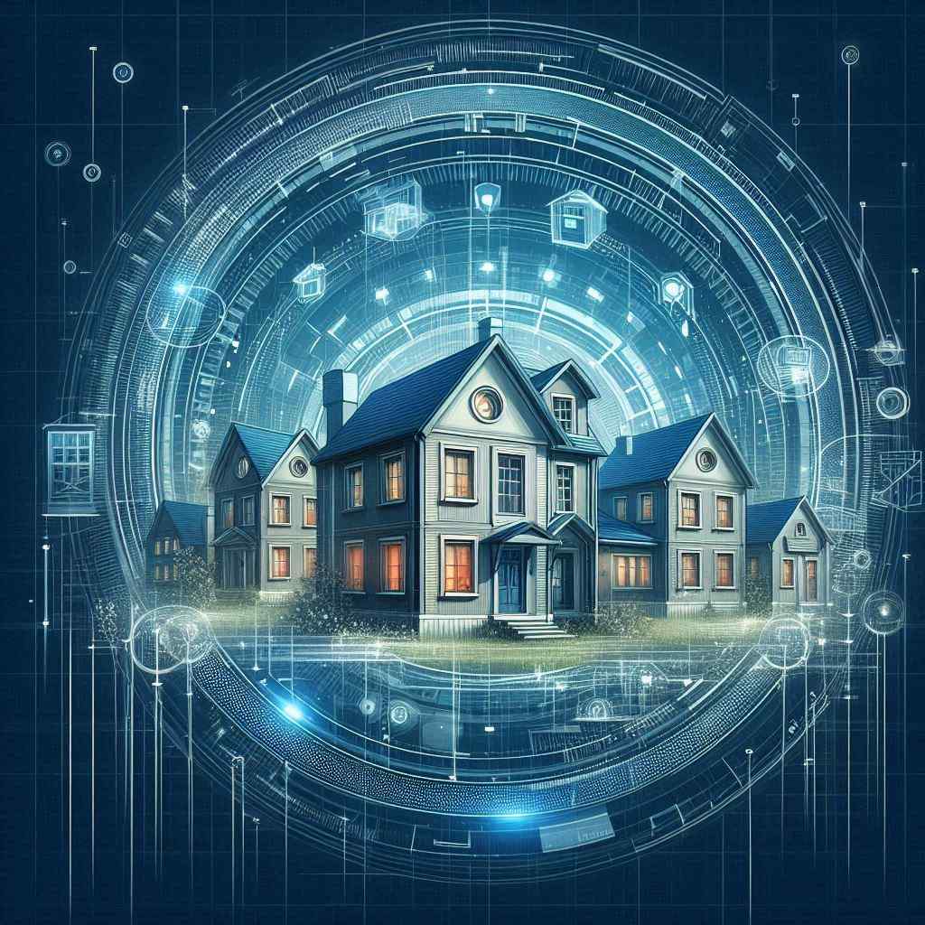 A digital illustration of houses surrounded by a futuristic design, indicating that the window installation agent secured this client from a list of window sales leads from Aged Leads Depot.