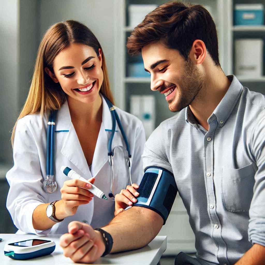 A doctor in a lab coat checks a young man's blood pressure, both smiling in a bright clinic. The patient was obtained from a list of diabetic leads, highlighting the context of their interaction regarding ailment leads from Aged Leads Depot.