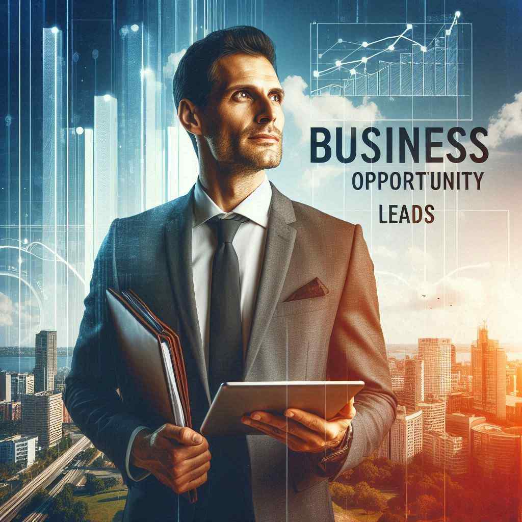 A professional man stands with a tablet and documents, showcasing the text "BUSINESS OPPORTUNITY LEADS" against a city skyline from Aged Leads Depot.