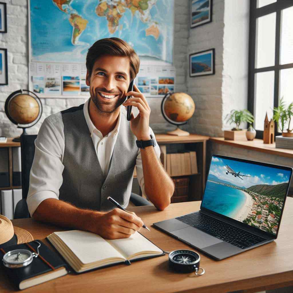 A travel agent smiles while on the phone in a well-decorated office, having secured this client from a list of buy travel leads from Aged Leads Depot.