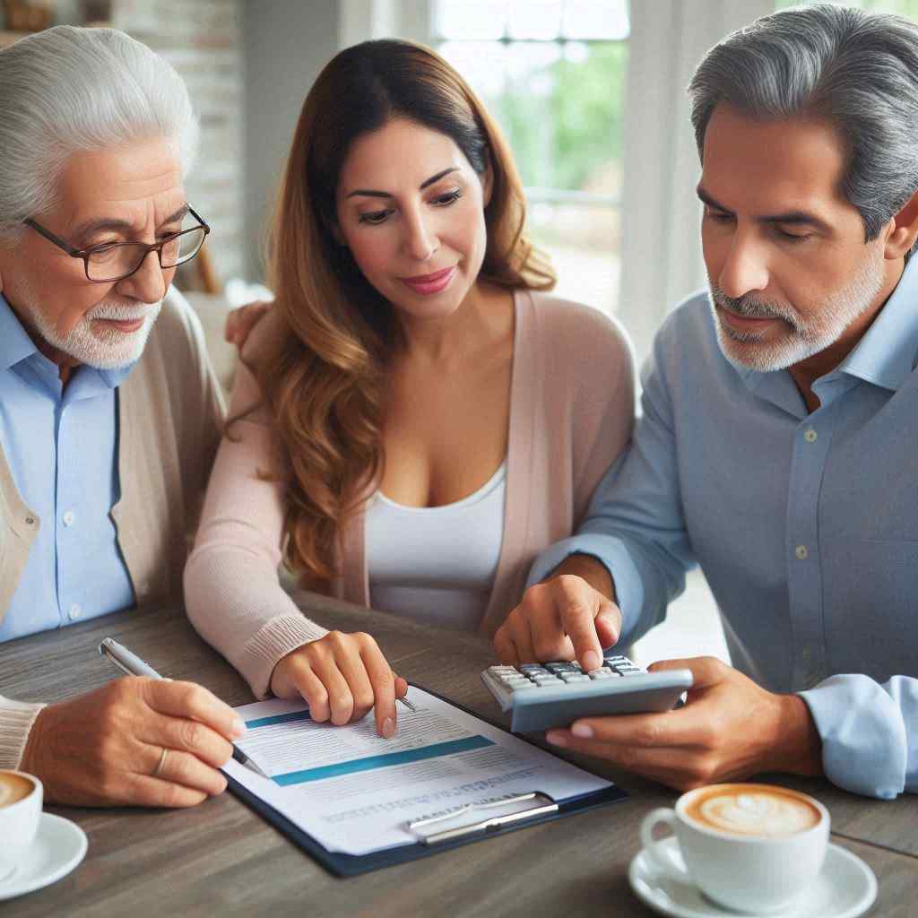  A financial advisor reviews life insurance options with a senior couple and a middle-aged woman in a bright cafe. They closely examine a document while using a calculator, discussing strategies to find the best aged life insurance leads from Aged Lead Depot  for their coverage needs.