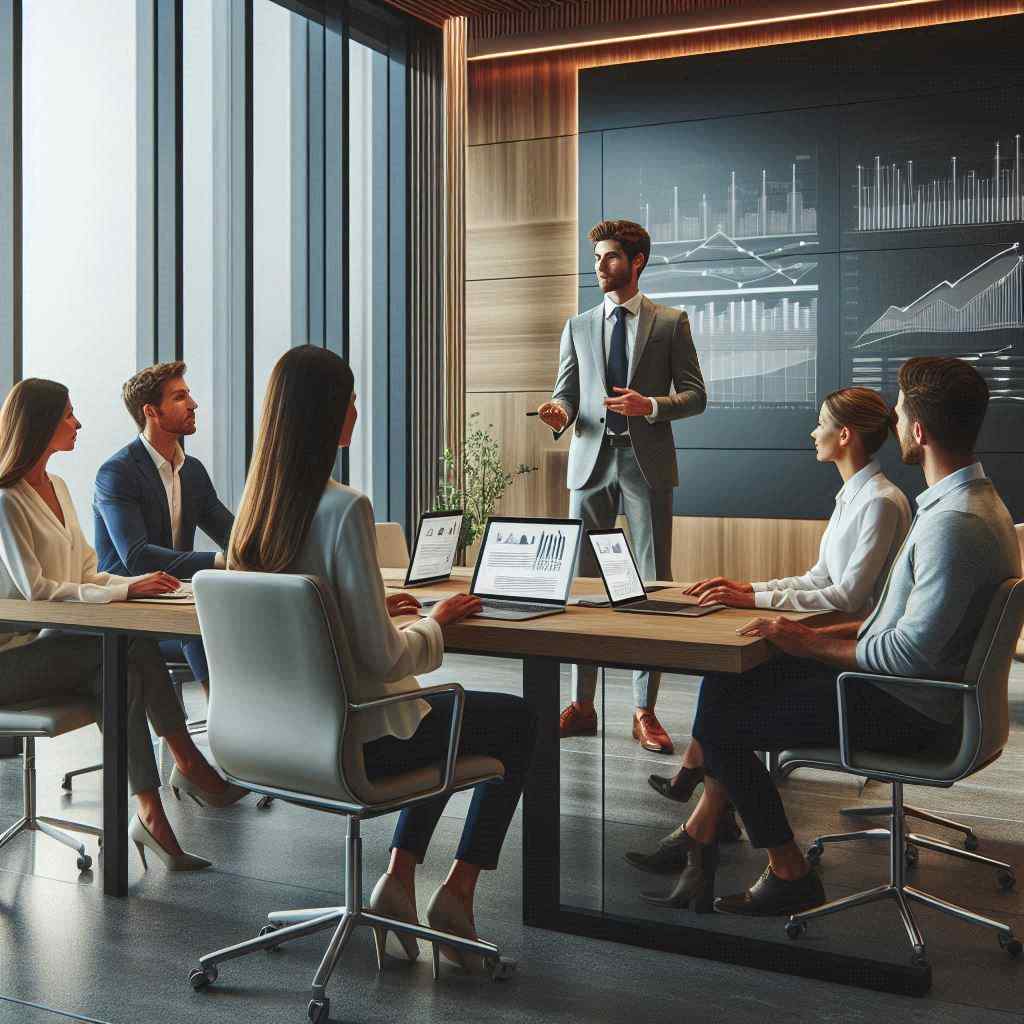 A business opportunity agent acquired this client from a list of business opportunity seekers from Aged Leads Depot, presenting data to a group in a modern conference room.