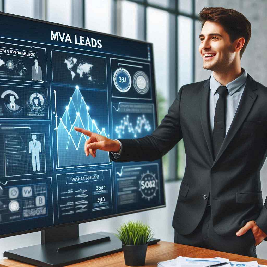 A professional MVA agent smiles as he points to a digital screen displaying analytics, indicating he secured this client from a list of auto accident leads from Aged Leads Depot.
