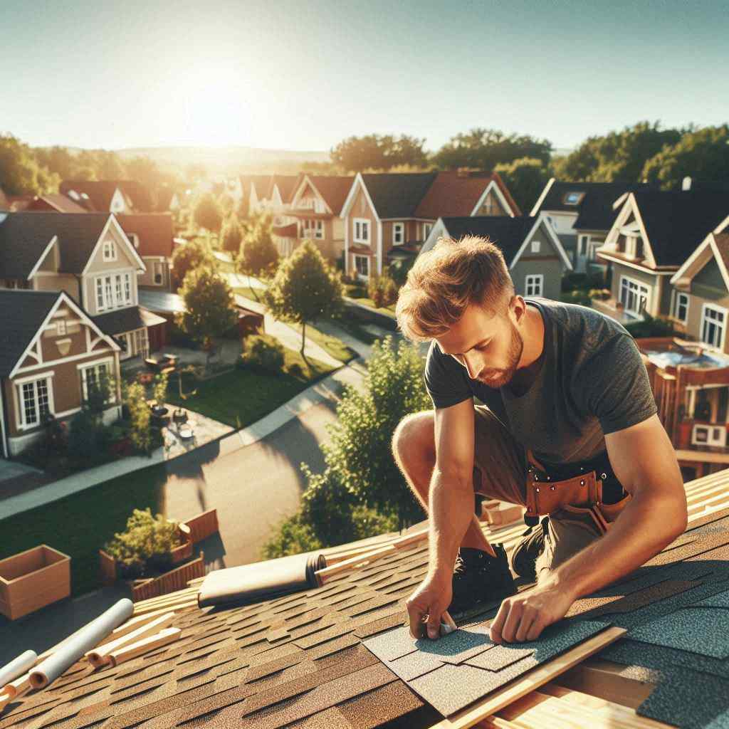 A roofing agent secured this client from a list of residential roofing leads from Aged Leads Depot, as a worker installs shingles on a roof with homes visible below.