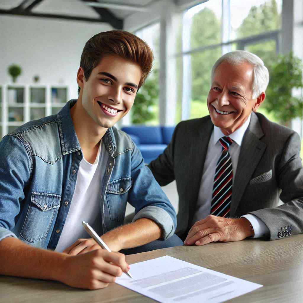 An attorney in a suit smiles at a young client writing on a document in a bright office. The attorney got this client from a list of Motor Vehicle Accident leads, highlighting their interaction regarding MVA leads from Aged Leads Depot.