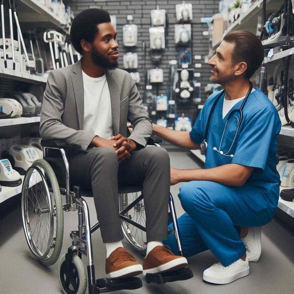 A DME healthcare professional kneels beside a young man in a wheelchair, both smiling, indicating that he secured this client from a list of DME leads for sale from Aged Leads Depot.