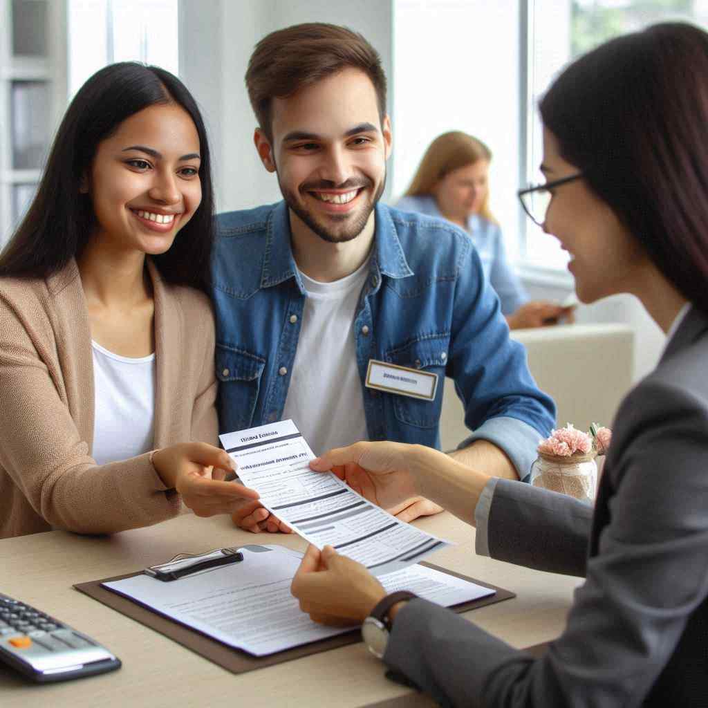 An MCA agent hands a document to a smiling couple seated at a table, indicating that she secured this client from a list of MCA loan leads from Aged Leads Depot.
