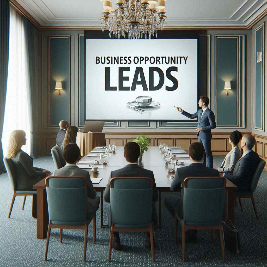 business opportunity agent secured this client from a list of biz opp leads, from Aged Leads Depot presenting in a conference room with "BUSINESS OPPORTUNITY LEADS" displayed on a large screen.