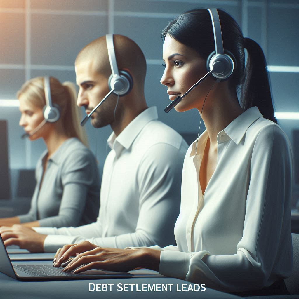 Call center agents work intently at computers, focused on obtaining debt relief leads from Aged Leads Depot.