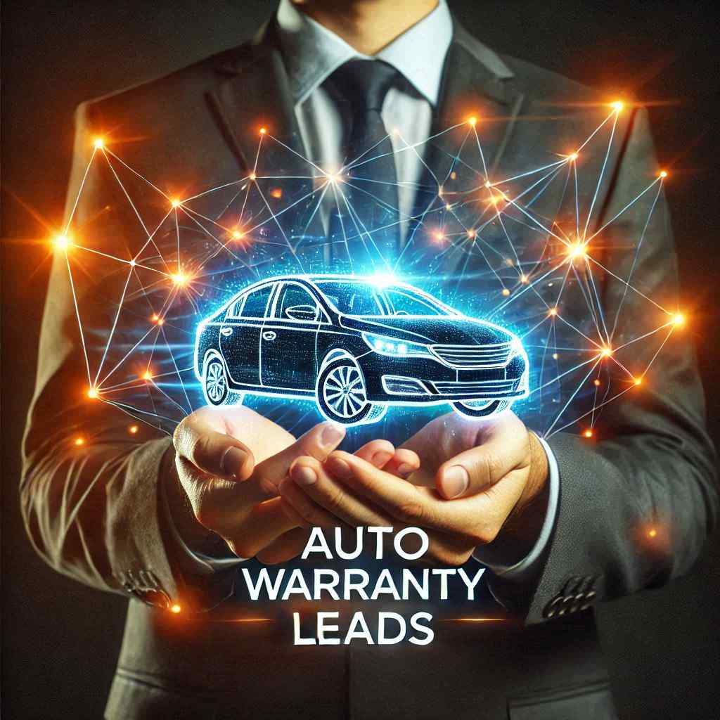 A businessman in a suit holds a holographic car surrounded by glowing connections, representing auto warranty services. The auto warranty technician secured this client from a list of aged auto warranty leads from Aged Leads Depot.