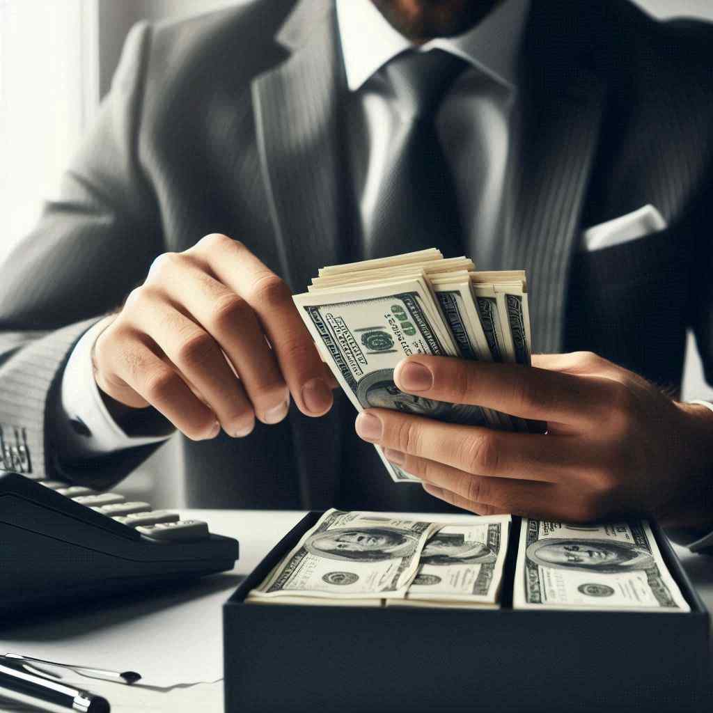 A well-dressed MCA agent counts a stack of cash at a desk, indicating that he acquired this client from a list of MCA leads for sale from Aged Leads Depot.