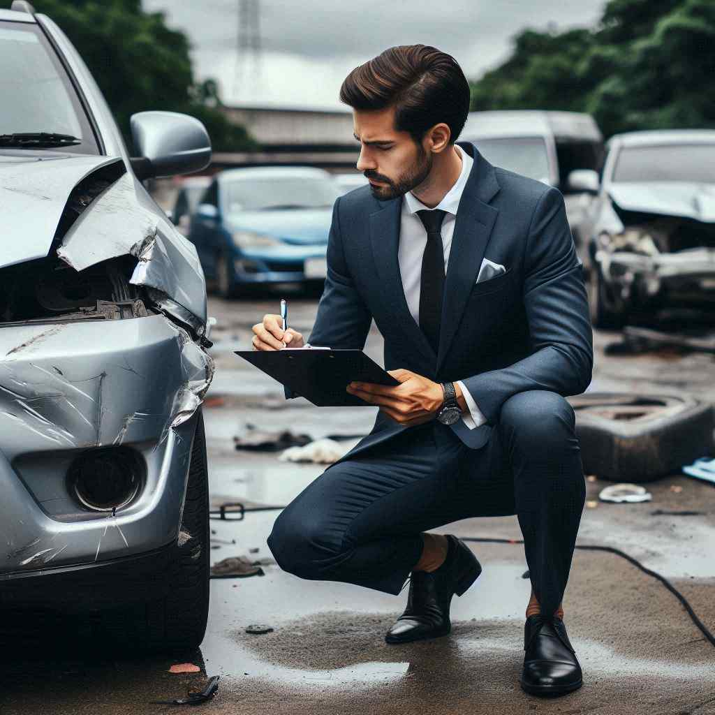 A professional insurance adjuster kneels beside a damaged car in a salvage yard, taking notes on a clipboard. He is assessing the vehicle's condition, having received this prospect from a list of car insurance leads, indicating a focus on processing claims and providing support to clients.