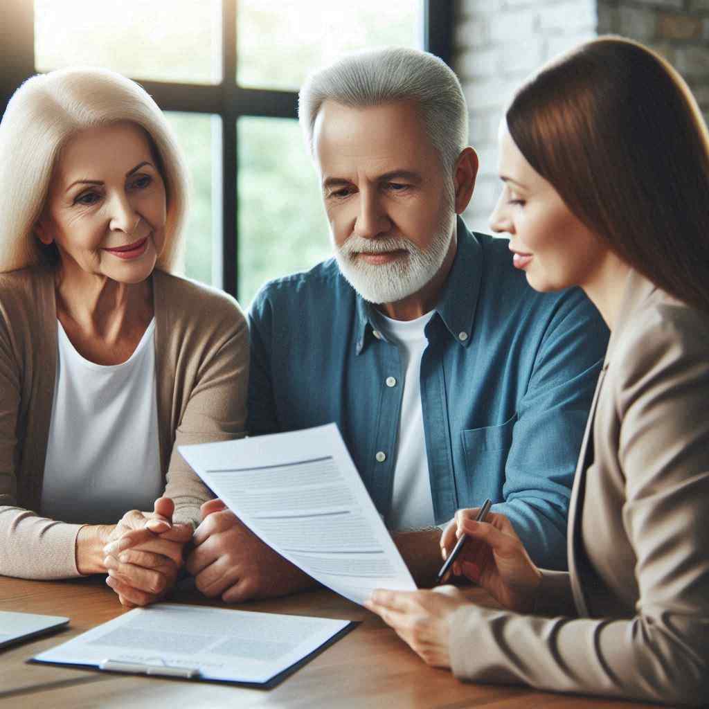  A financial consultant meets with an older couple to discuss their life insurance policy in a well-lit office. The couple looks engaged as they review the paperwork, emphasizing the importance of identifying the best life insurance leads from Aged Lead Depot for their financial security.