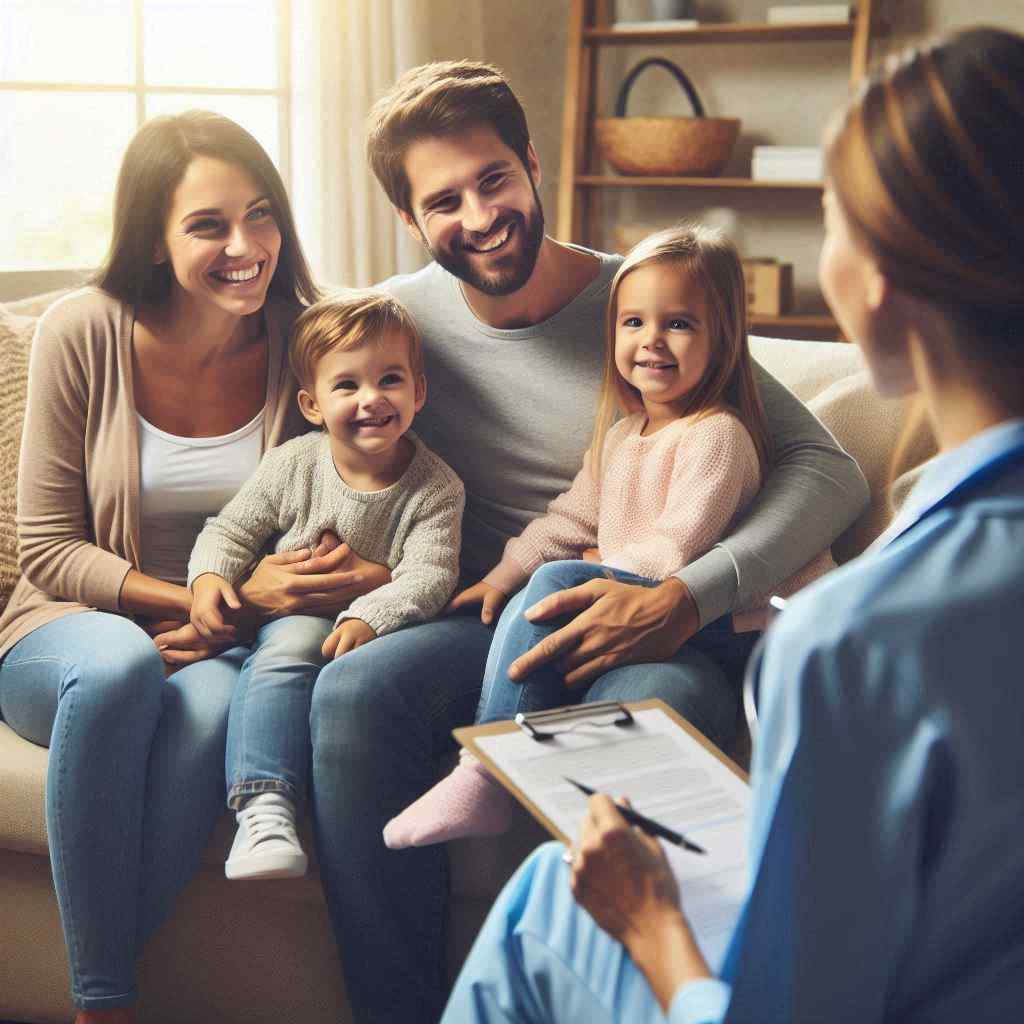 A doctor engages with a cheerful family on a couch, discussing medical care. This scene highlights the connection established through ACA health leads from Aged Leads Depot, focusing on family-oriented healthcare.