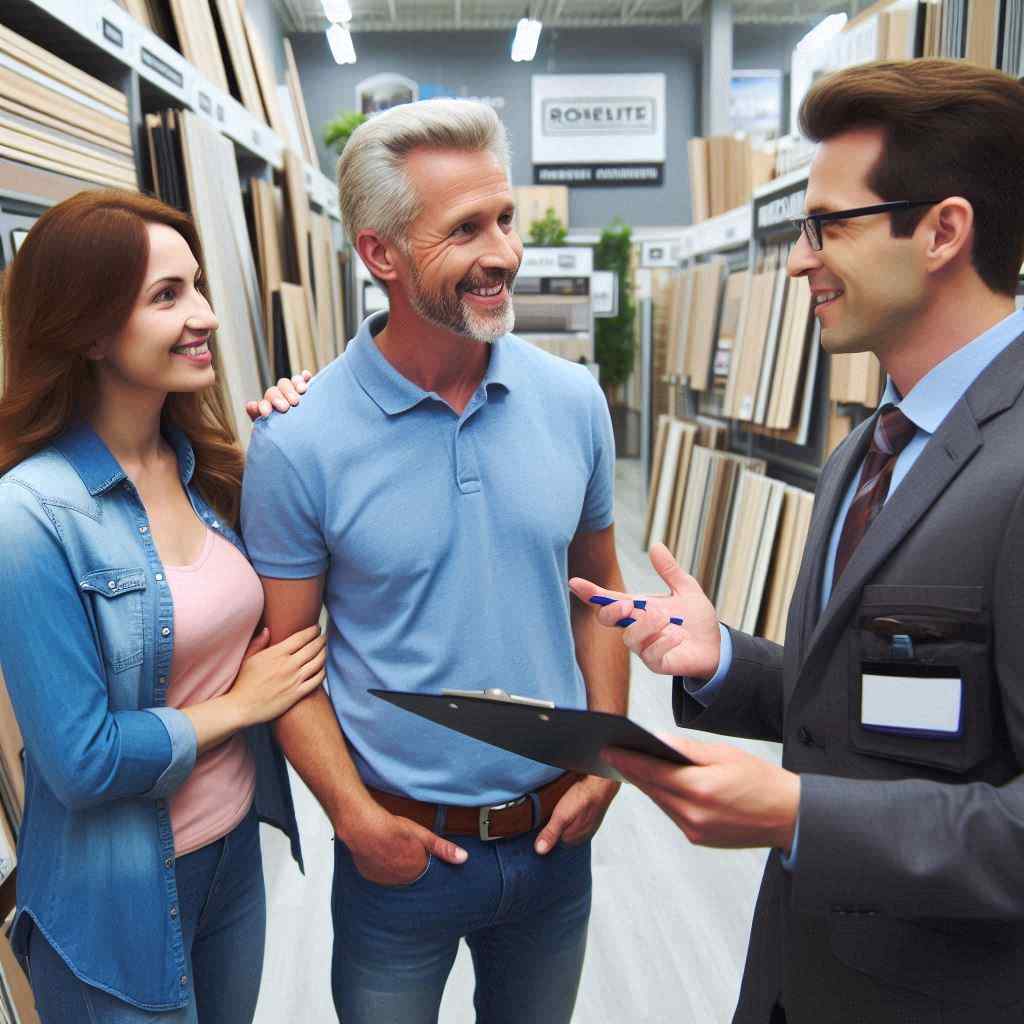 A siding agent talks to a couple in a showroom, indicating that he secured this client from a list of siding sales leads from Aged Leads Depot.