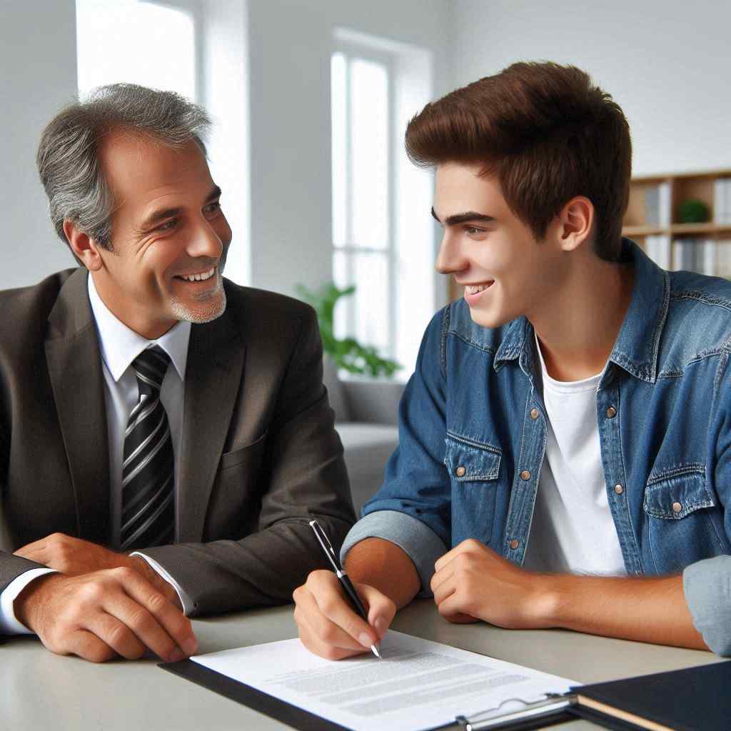 An MVA lawyer smiles at a young client while they review documents together, indicating he acquired this client from a list of car accident leads from Aged Leads Depot.