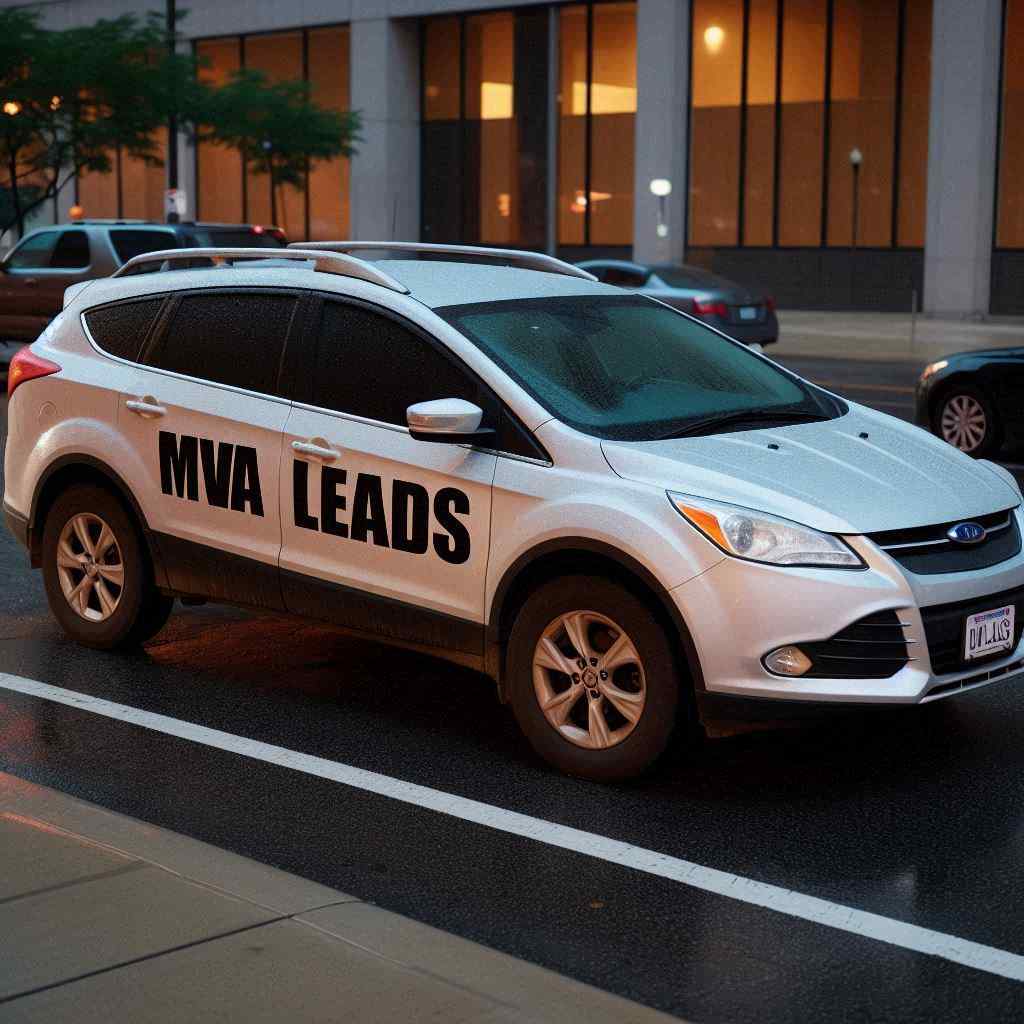 A white SUV parked on the street features bold letters stating "MVA LEADS," indicating that the MVA agent secured this client from a list of MVA leads from Aged Leads Depot.