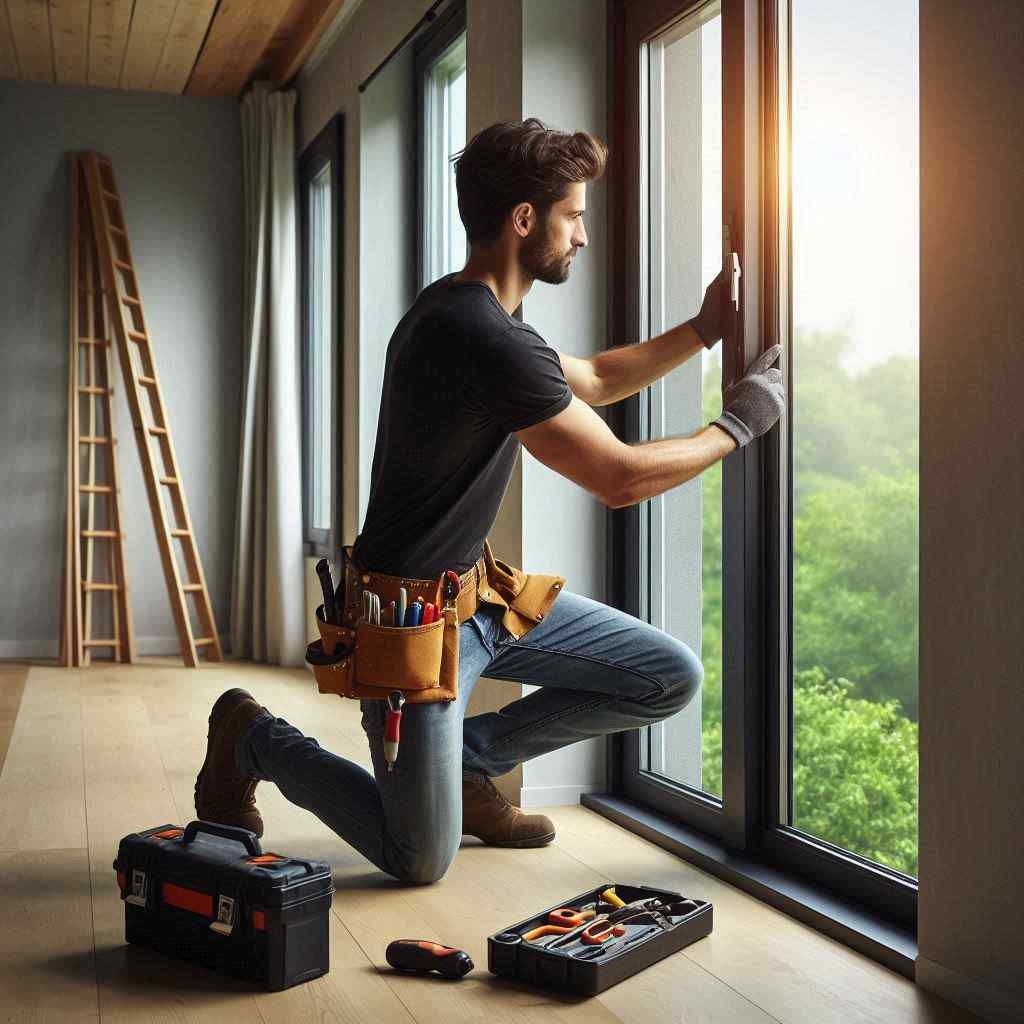 A window installation agent kneels while installing a window, indicating that he acquired this client from a list of window contractor leads from Aged Leads Depot.