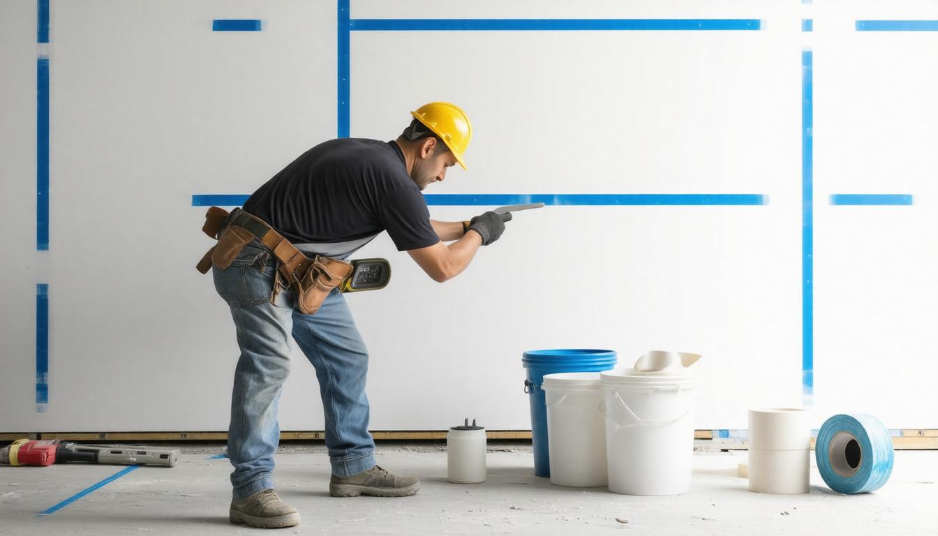A construction worker in a hard hat and helmet is engaged in work on a wall.