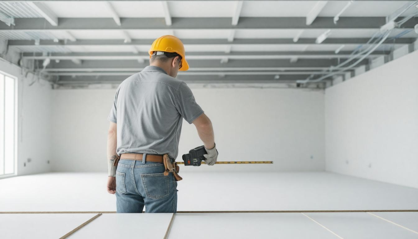 A man with a hard hat and grey shirt stands in an unoccupied room, looking around thoughtfully.