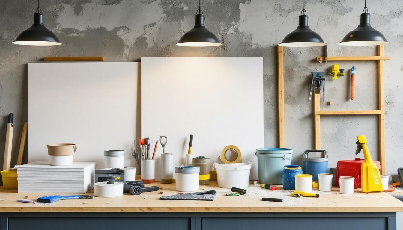 A well-used workbench filled with an assortment of tools and materials, indicating an active project or workshop environment.