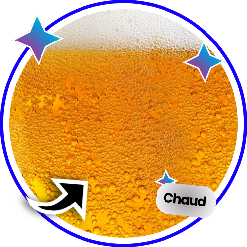 Icône représentant une bière pétillante avec la mention 'Chaud', parfaite pour les jeux de soirée alcoolisés