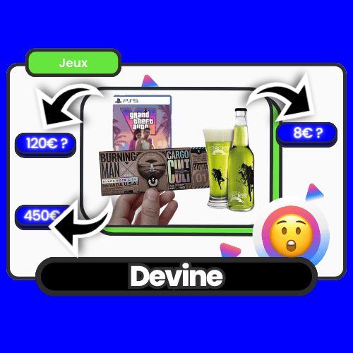 Carte Devine où il faut estimer des prix pour des objets variés comme des jeux vidéo, boissons ou tickets d’événements, idéale pour lancer la soirée avec des défis amusants et surprenants.
