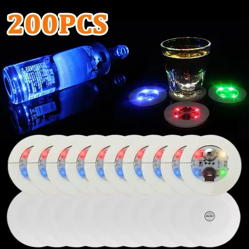 Lot de 200 dessous de verre lumineux, parfaits pour soirées festives et bars. Émettent une lumière colorée sous les verres pour une ambiance unique. Accessoire idéal pour impressionner lors des soirées entre amis