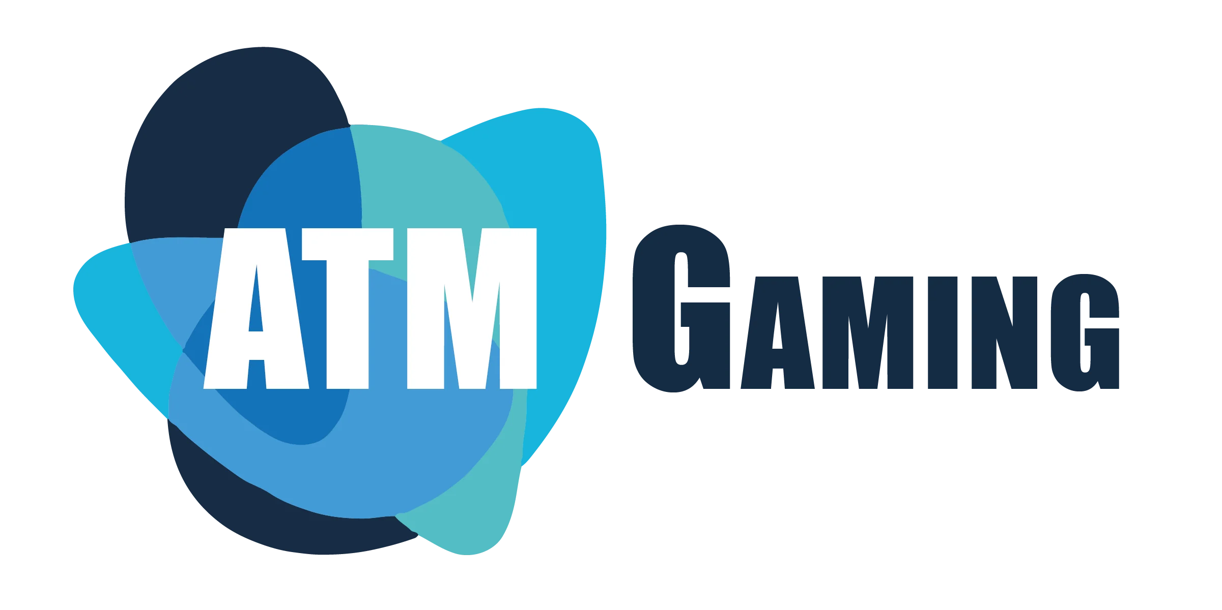 Logo d'ATM Gaming avec un design en couches de formes bleues superposées et le texte en blanc et noir, reflétant une identité moderne et dynamique.