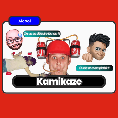 Carte Kamikaze avec un casque équipé de canettes et pailles, accompagnée de phrases humoristiques comme On va se détruire là nan, un défi solo intense pour les soirées alcoolisées.