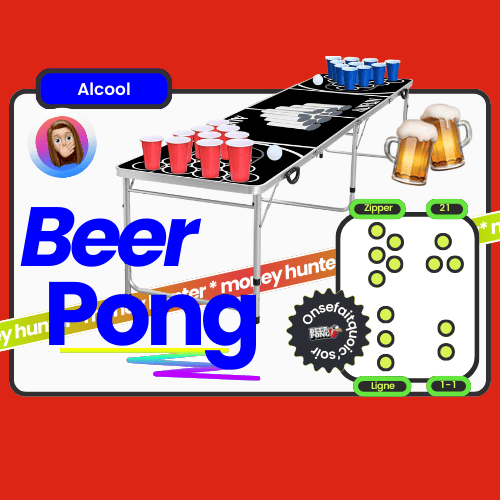 Carte Beer Pong avec une table de jeu équipée de gobelets rouges et de chopes de bière, un classique indémodable des soirées alcoolisées pour s'amuser et défier ses amis.