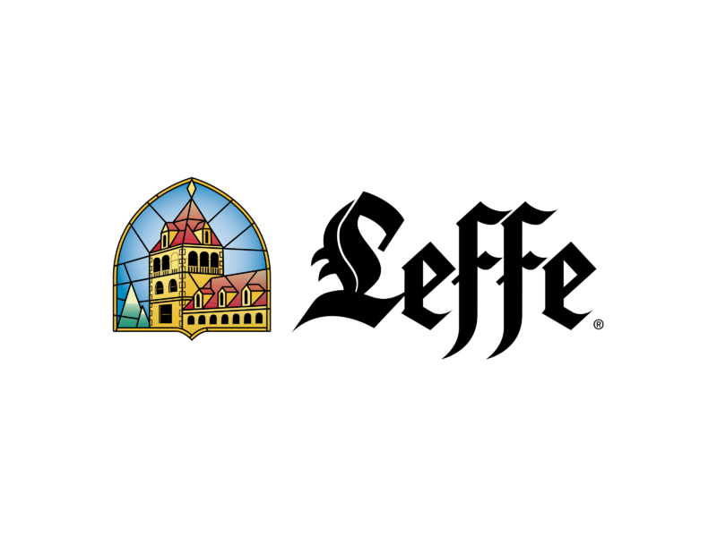 Logo Leffe avec une illustration de monastère colorée et le nom de la marque écrit dans une police gothique, symbole de la célèbre bière belge.