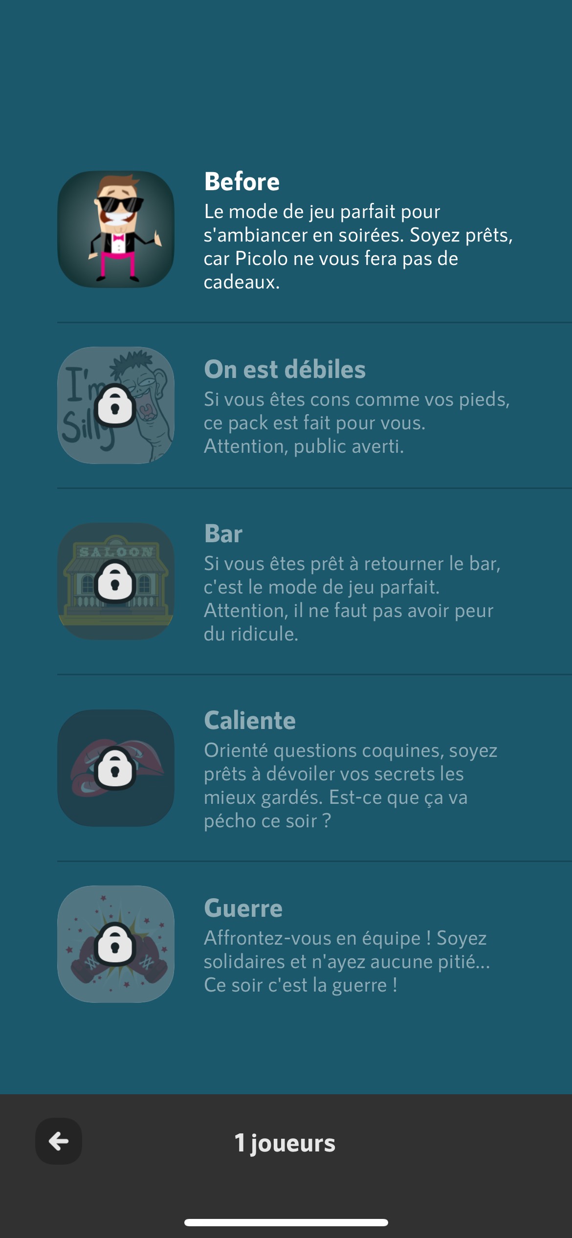 Les différents modes de jeu disponibles sur Picolo : "Before", "On est débiles", "Bar", "Caliente" et "Guerre", avec des descriptions pour chaque pack.