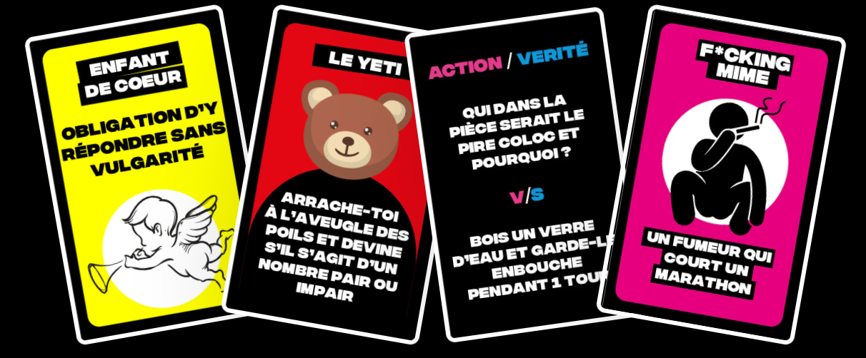 Exemple de cartes spéciales Juduku comme "Enfant de cœur" ou "F*cking Mime", avec des défis variés allant de l'humour aux actions décalées, parfait pour animer les soirées entre amis.