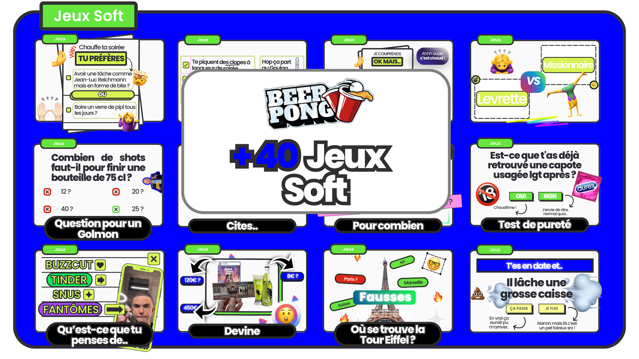 Présentation de +40 jeux soft pour animer vos soirées avec des activités variées comme "Tu préfères", "Test de pureté" ou "Pour combien", mettant en avant humour et défis légers, parfait pour s'amuser sans pression.
