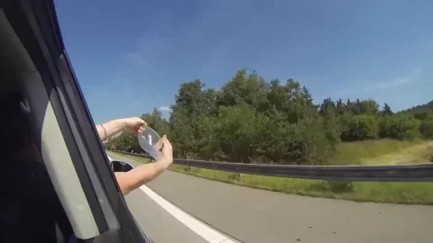 Personne tenant un objet transparent à l'extérieur d'une voiture en mouvement, sur une route bordée d'arbres