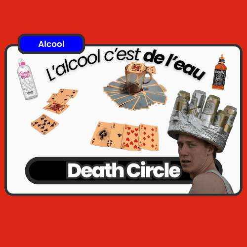 Carte Death Circle avec des cartes disposées en cercle, des bouteilles d'alcool et un message humoristique L'alcool c'est de l'eau, parfait pour une soirée intense et mémorable.