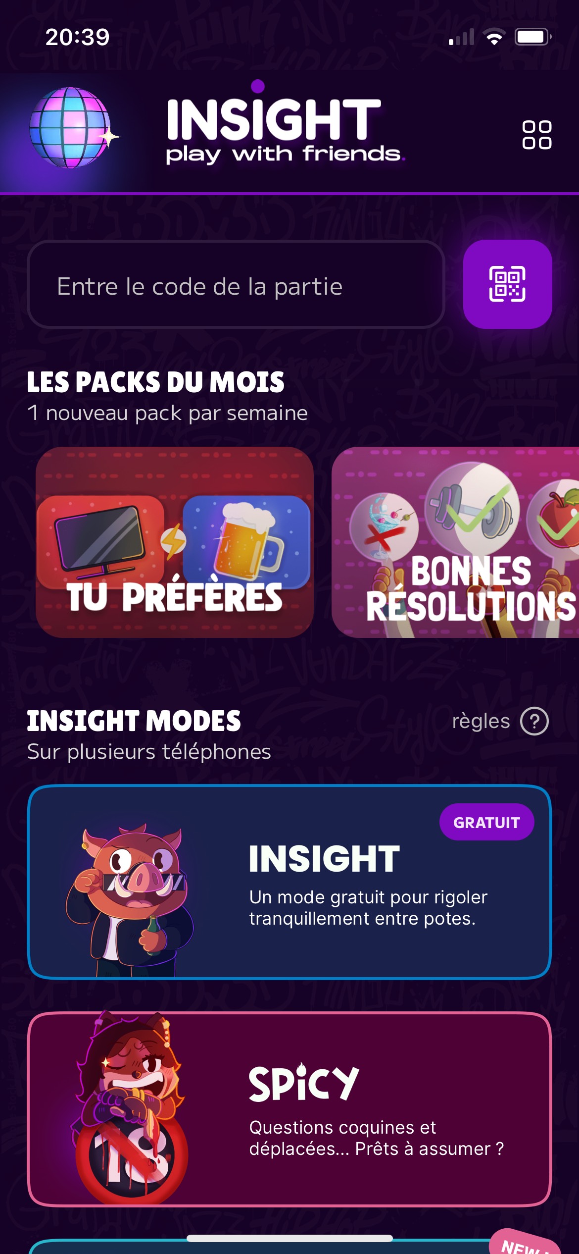 Capture d'écran de l'application Insight, présentant des packs de jeu comme "Tu préfères" et "Bonnes résolutions", ainsi que les modes gratuits "Insight" et "Spicy" pour des soirées entre amis.