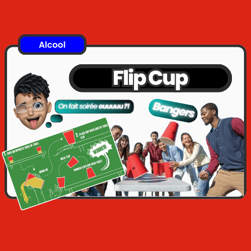 Carte Flip Cup mettant en scène un groupe en pleine partie avec des gobelets renversés, un jeu populaire venu des US, parfait pour des soirées estivales animées.