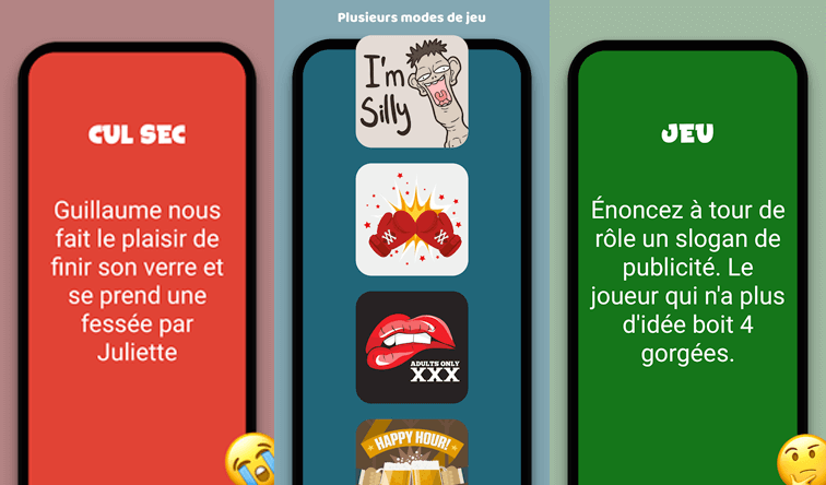 Les différents modes de jeu de l'application Picolo, incluant "Cul sec" et "Jeu", avec des défis d'alcool et des instructions amusantes.