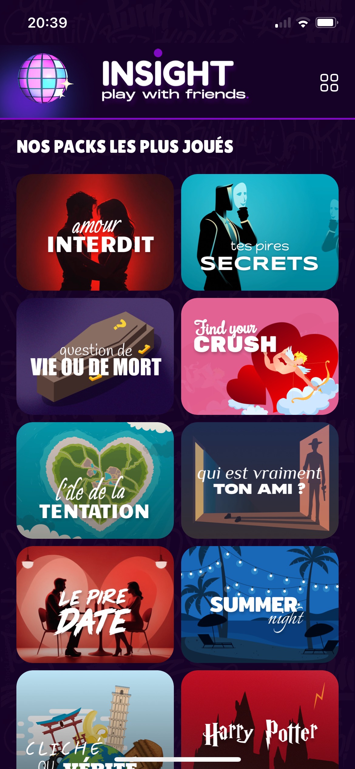 Interface de l'application Insight montrant les packs les plus joués : "Amour Interdit", "Tes pires secrets", "Question de vie ou de mort", "Find your crush", "Île de la tentation", et d'autres thématiques variées pour animer des soirées entre amis.