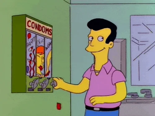 personnage de Simpson qui appuie sur un distributeur de préservatifs