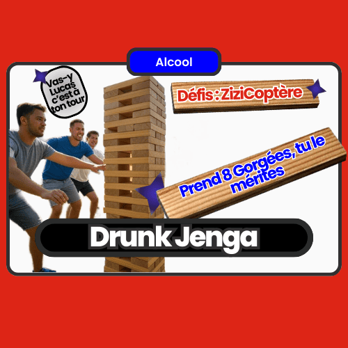Un jeu d'alcool où chaque pièce retirée du Jenga comporte un défi à relever ou une gorgée à boire, parfait pour des soirées animées entre amis