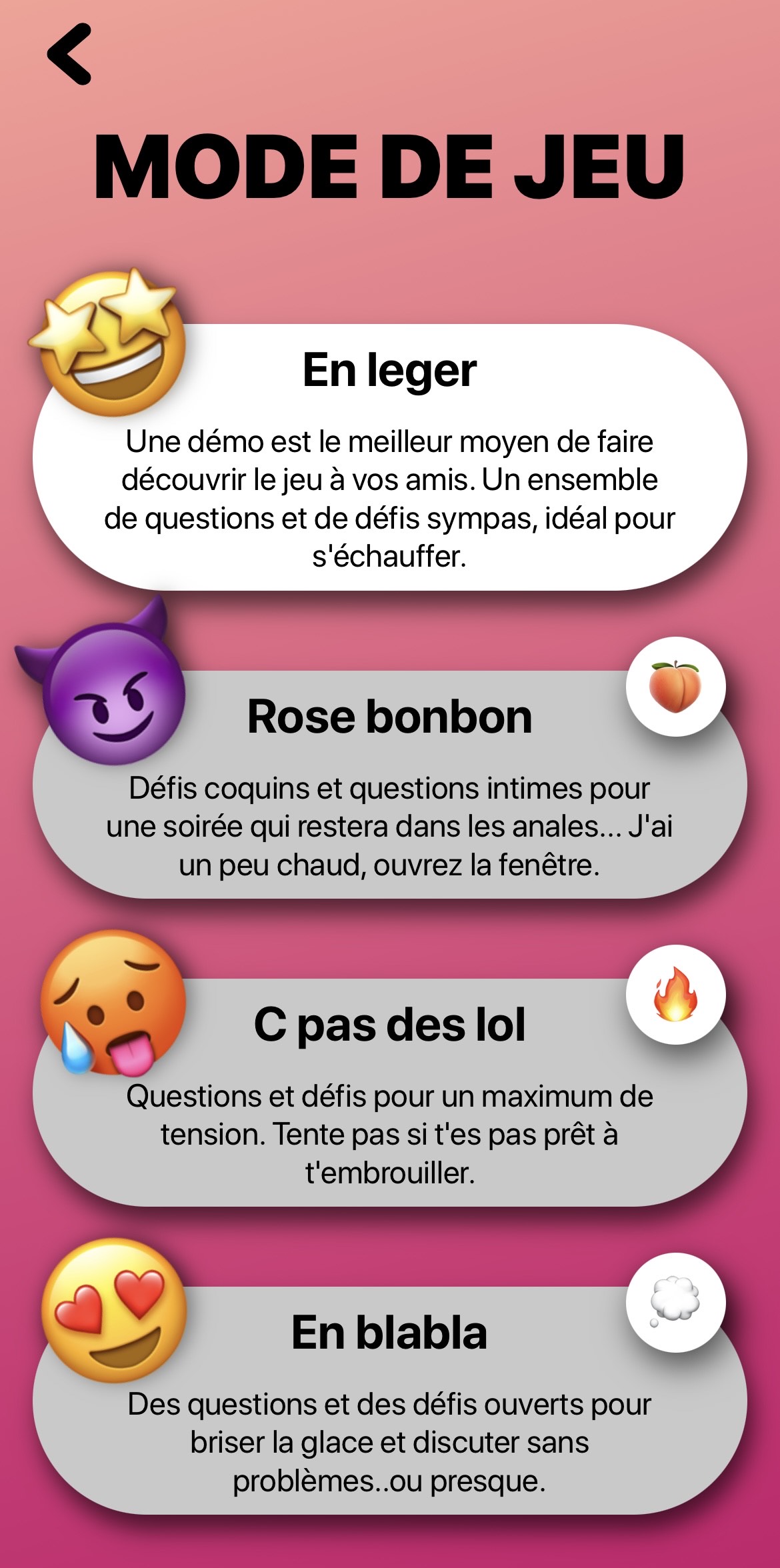 Écran de jeu de l'application Vakarm montrant des modes de jeu, comprenant "En léger" pour des questions sympas, "Rose bonbon" pour des défis intimes, "C pas des lol" pour des tensions et "En blabla" pour briser la glace, le tout sur un fond dégradé rose.