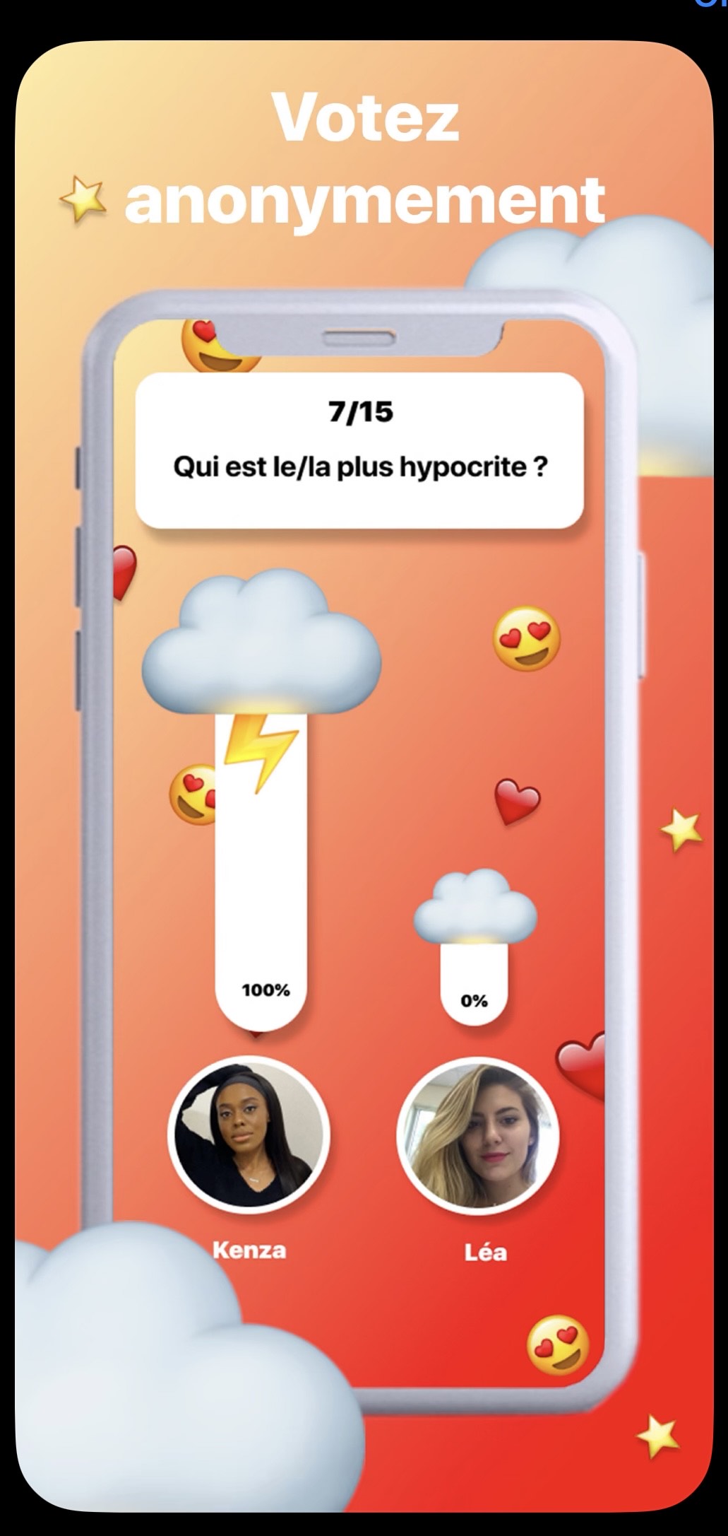 Écran de jeu de l'application l'application Vakarm montrant une question "Qui est le/la plus hypocrite ?" avec un système de vote anonyme entre deux profils nommés Kenza et Léa, sur un fond orange avec des emojis et des nuages.