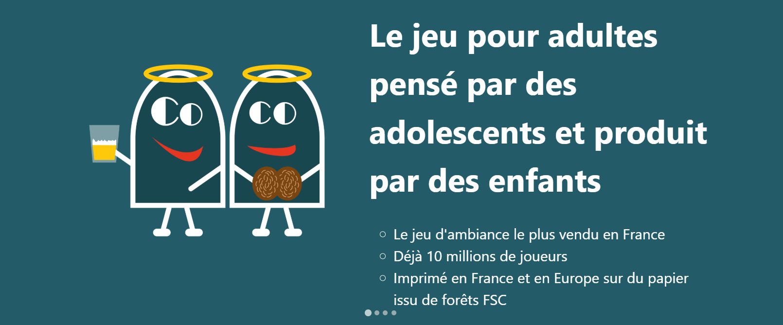 Illustration humoristique pour le jeu "Blanc Manger Coco" : deux personnages simplifiés, accompagnés du slogan "Le jeu pour adultes pensé par des adolescents et produit par des enfants", avec des détails sur son succès et ses caractéristiques écologiques.