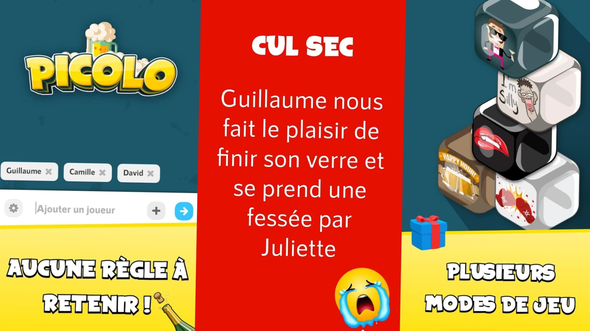 **Picolo** : Jeu d'alcool interactif idéal pour une fin de soirée, avec des défis funs et des modes variés pour pimenter l'ambiance.