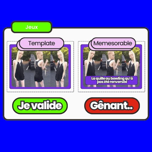 Carte Template Memesorable avec une photo humoristique accompagnée des choix Je valide ou Gênant, idéale pour débuter une soirée sur une note légère et amusante.