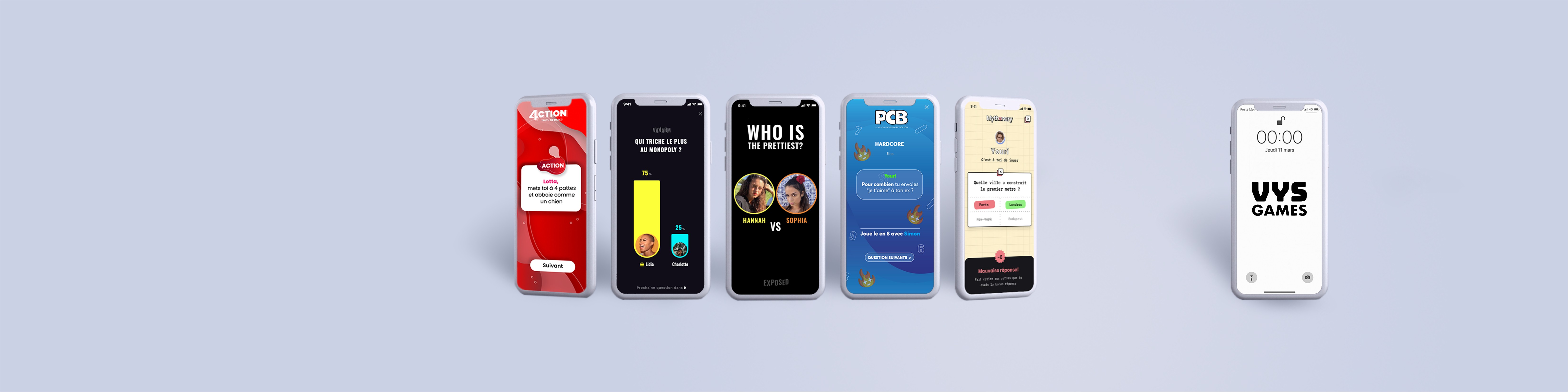 Illustration des différentes interfaces d'applications développées par Vysgames, dont Vakarm, présentées sur des écrans de smartphones alignés sur un fond neutre.