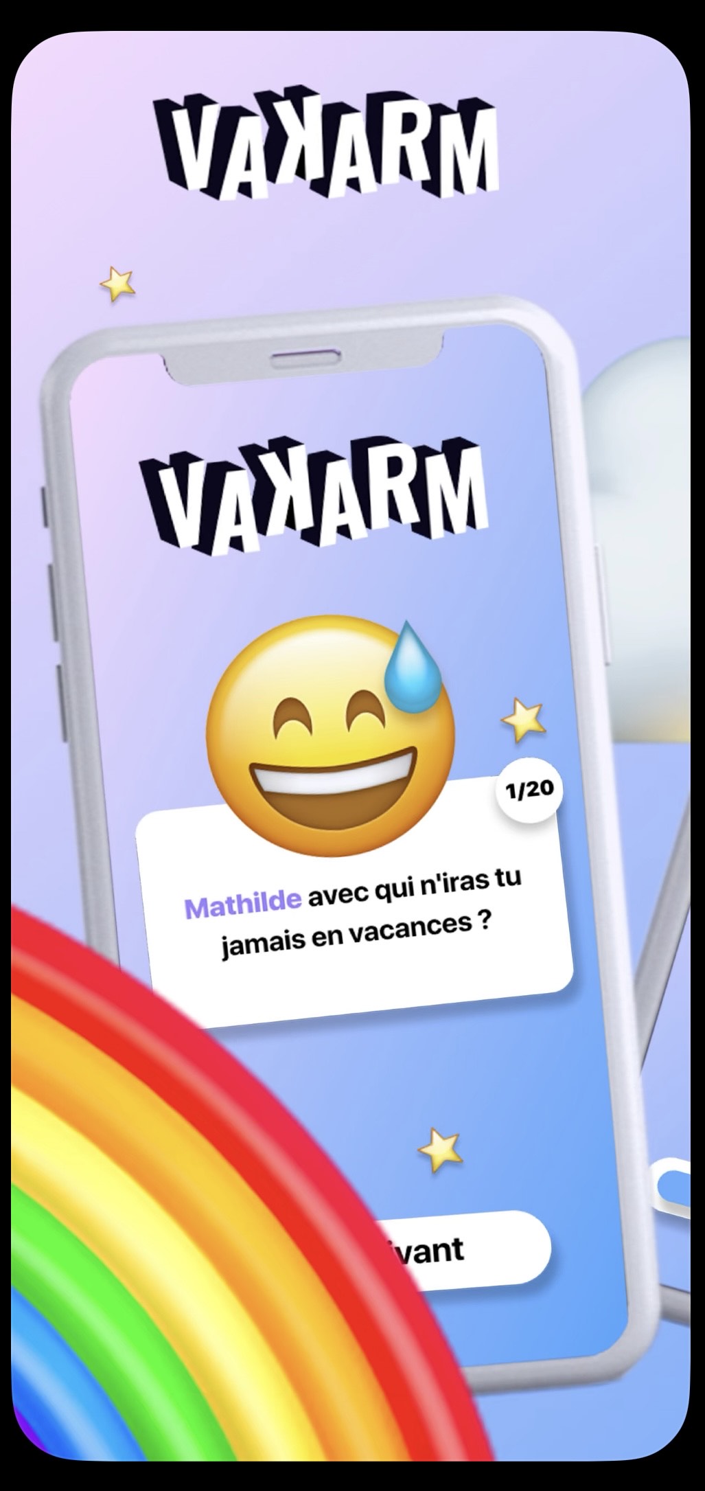 Écran de jeu de l'application Vakarm avec une question pour Mathilde : "Avec qui n'iras-tu jamais en vacances ?" sur fond pastel, avec un émoji souriant et des éléments décoratifs colorés.
